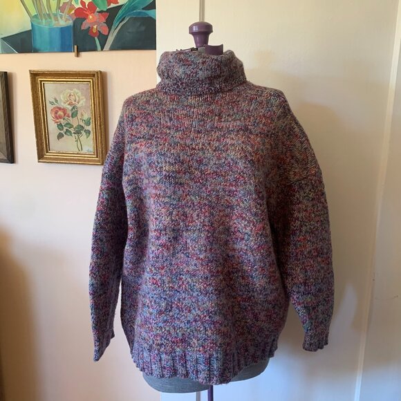 VTG 90s EXPRESS Hand Knit Sweater M Wool Alpaca Multicolor Turtleneck Chunky - Picture 1 of 5